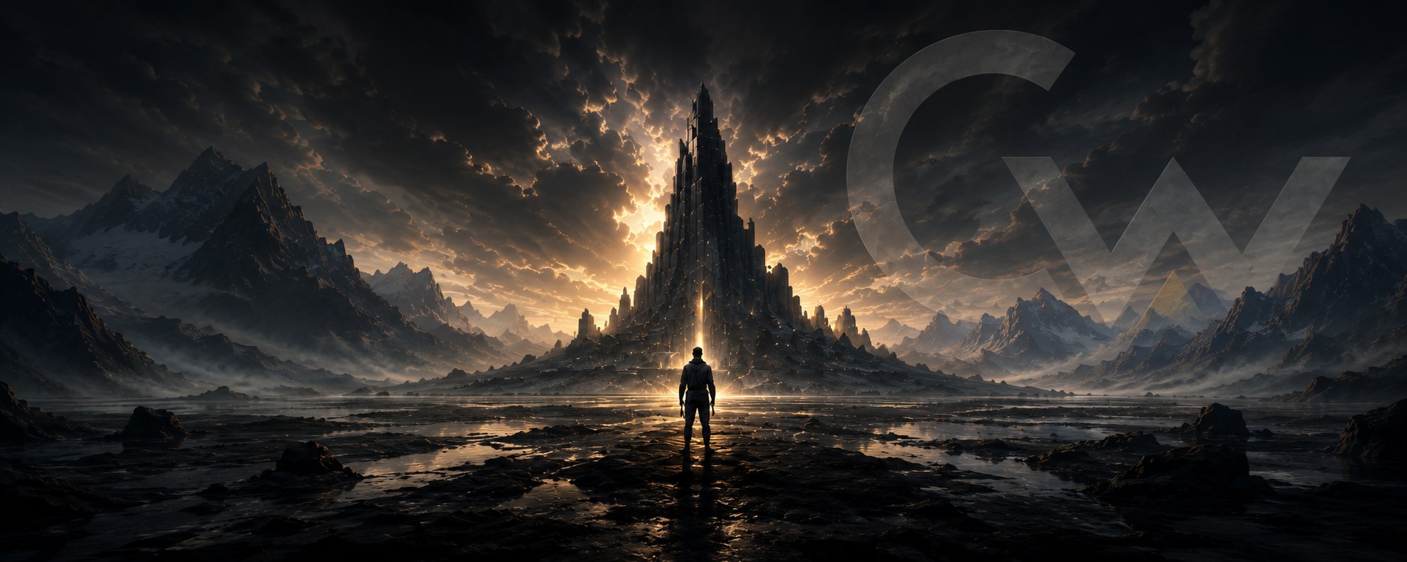 A lone figure stands before a massive fortress rising from a mountain range at dusk